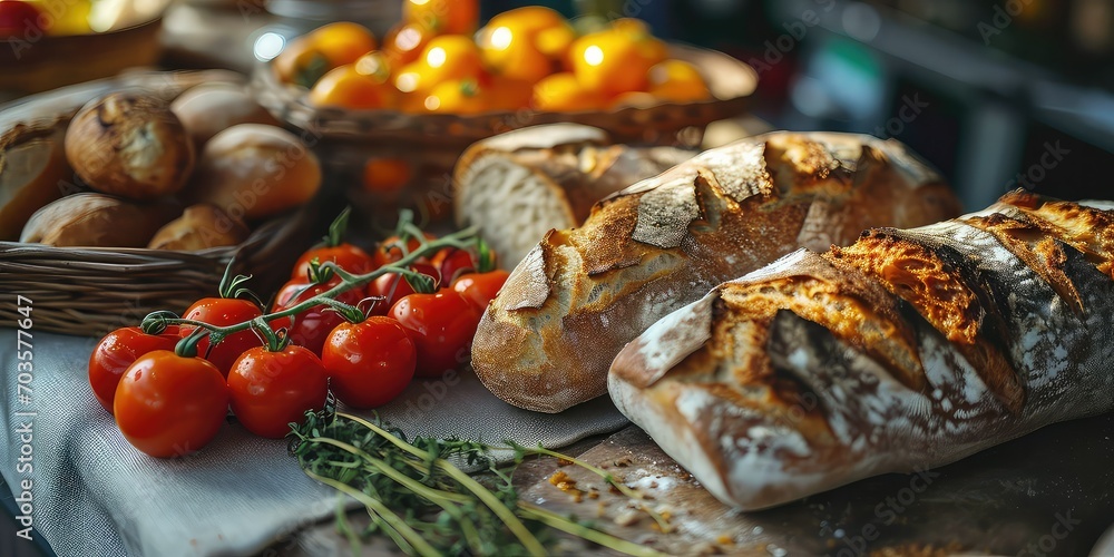 Symphony of Bread and Tomato Harmony, Mediterranean Elegance in Every Vibrant Bite - Outdoor Mediterranean Market - Warm Natural Light & Artistic Bread and Tomato Arrangement