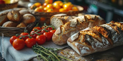 Symphony of Bread and Tomato Harmony, Mediterranean Elegance in Every Vibrant Bite - Outdoor Mediterranean Market - Warm Natural Light & Artistic Bread and Tomato Arrangement