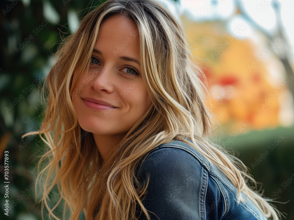 Outdoor portrait of a Smiling Young Woman with Long Hair in Casual Clothing Outdoor portrait of a Smiling Young Woman with Long Hair in Casual Clothing
