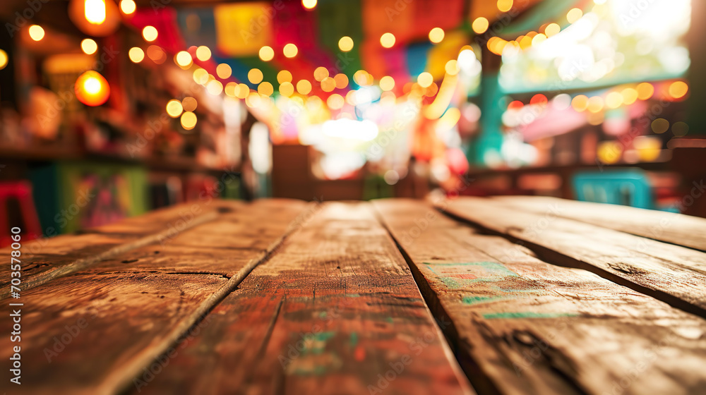 Empty wooden table with Mexican party or fair background, bokeh lights, space for product Empty wooden table with Mexican party or fair background, bokeh lights, space for product