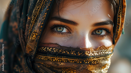 Close-up portrait of a beautiful muslim woman in black burqa. Oriental beauty, fashion. Make-up and cosmetics. photo