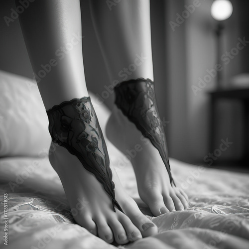 Classic Pin-Up Beauty - Fair-skinned Hispanic woman in lingerie, showcasing perky breasts and a soft arch of a foot in a lace slipper in a timeless black and white setting Gen AI photo