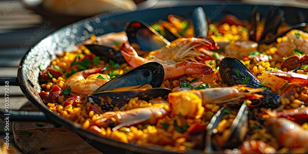 Paella Valenciana Extravaganza, A Visual Feast of Saffron-Kissed Rice and Seafood, Valencia's Culinary Legacy Unveiled - Sunny Spanish Coastal Setting - Vibrant Colors & Dynamic Paella Composition