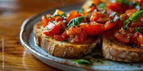 Bruschetta alla Romana Culinary Elegance  A Visual Symphony of Tomatoes  Basil  and Olive Oil  Roman Flavor in Every Toasted Bite - Roman Trattoria Atmosphere - Warm  Soft Lighting   Close-up 