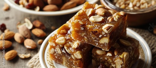 Dates, figs, cashews, raisins, pistachios, almonds, and mawa in Khajur Barfi or Khajoor Dry Fruits Burfi contain dietary fiber, proteins, and vitamins. photo