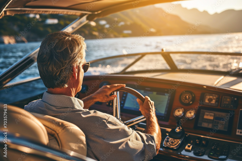 Back view of middle aged man driving luxury motor yacht. - obrazy, fototapety, plakaty 