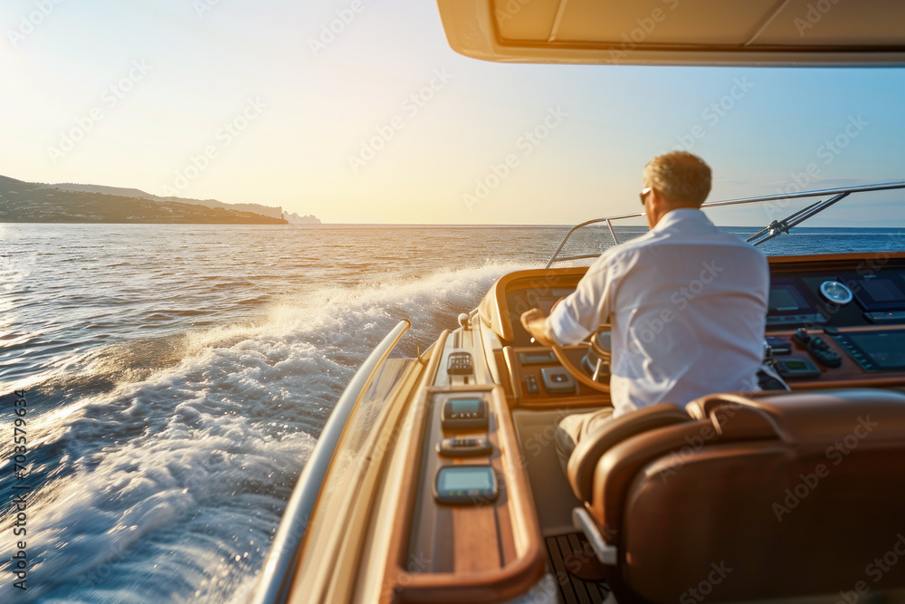 Back view of middle aged man driving luxury motor yacht. - obrazy, fototapety, plakaty 