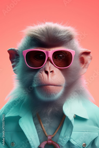 Curious Baboon with Pink Sunglasses Against Coral Background © Ryan