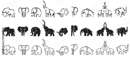 monochrome collection of elephant icons isolated on white background