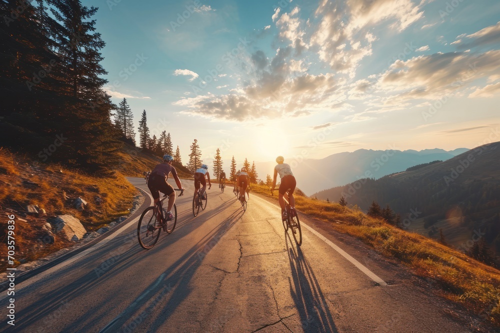 Cyclists team rides on mountain road at sunset sky. - obrazy, fototapety, plakaty 