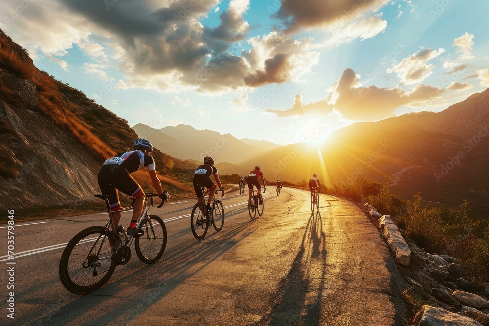 Cyclists team rides on mountain road at sunset sky. Cyclists team rides on mountain road at sunset sky.