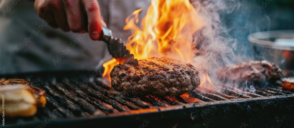Chef grilling a burger, turning meat on the BBQ grill Chef grilling a burger, turning meat on the BBQ grill
