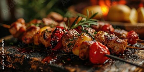 Espetada Extravaganza, Visual Feast of Grilled Skewers, Culinary Charisma Unleashed in Every Succulent Bite - Vibrant Portuguese Grill Setting - Dynamic Colors & Close-up Skewer Composition photo