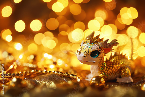 Gold background cute dragon Happy Chinese new year. © ant