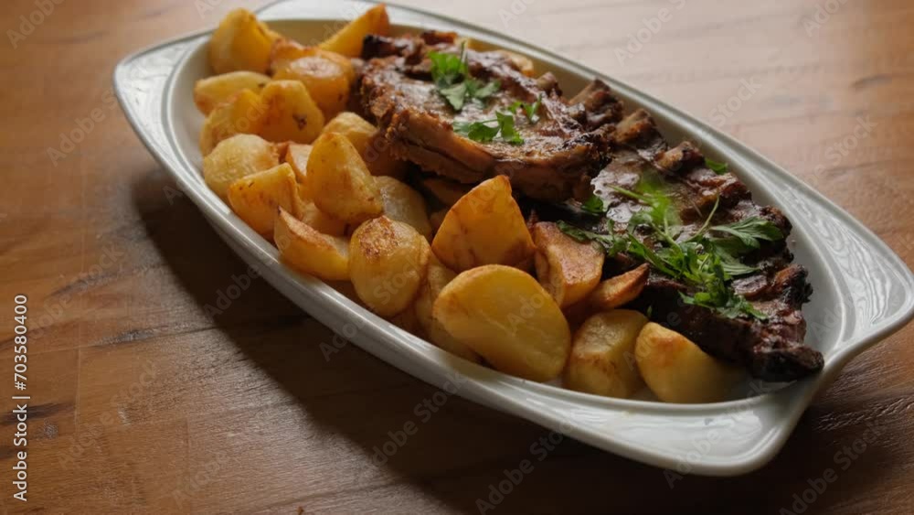 A dish of potatoes and pork ribs on a wooden table close-up. A dish of potatoes and pork ribs on a wooden table close-up.
