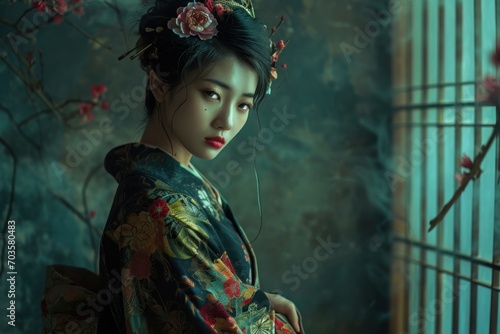 Retro Japanese woman fashion in a mysterious atmosphere. © ant