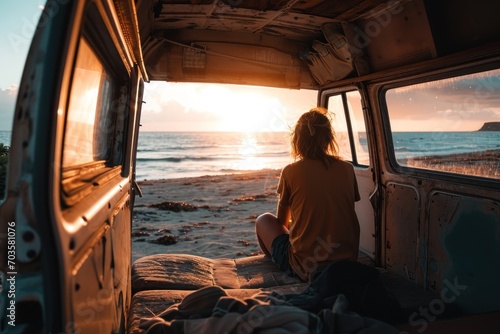 A young woman sitting inside van watching the sunset peacefully.