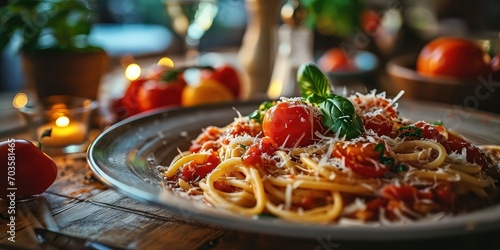 Amatriciana Culinary Masterpiece, A Visual Feast of Pasta Perfection with Tomato, Guanciale, and Pecorino Romano Harmony - Classic Italian Kitchen Setting - Warm, Moody Lighting & Elegant Plating 