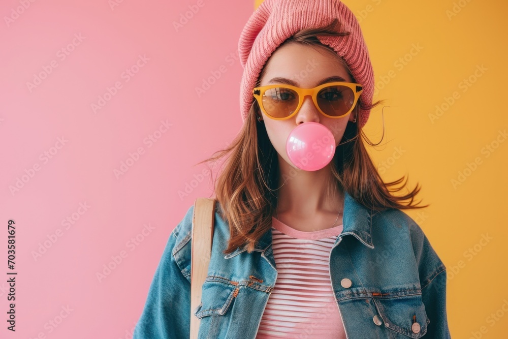 Trendy Young teen with skateboard look blowing bubble gum on pink background. - obrazy, fototapety, plakaty 