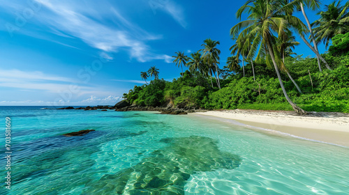 A serene tropical beach with palm trees and crystal-clear blue waters