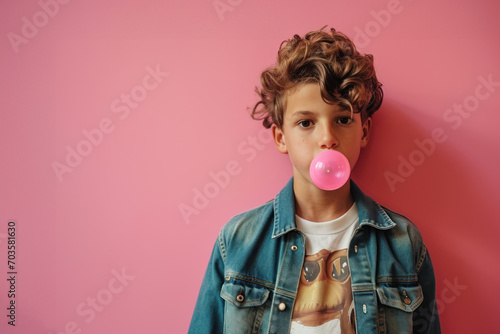 Trendy Young teen with skateboard look blowing bubble gum on pink background. photo
