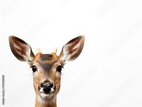 Close up of a baby deer's face isolated on white background