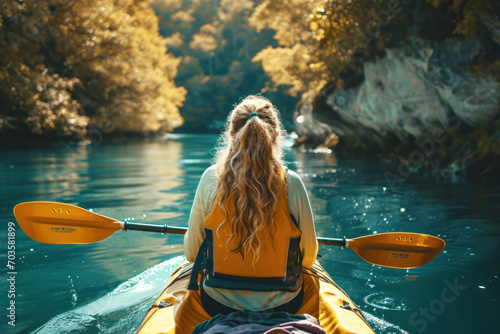Young woman canoe or kayak adventure in nature.  photo