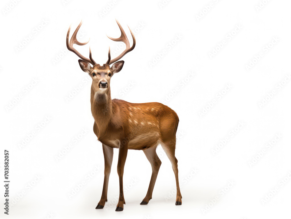Obraz premium Brown deer with towering antlers isolated on white background