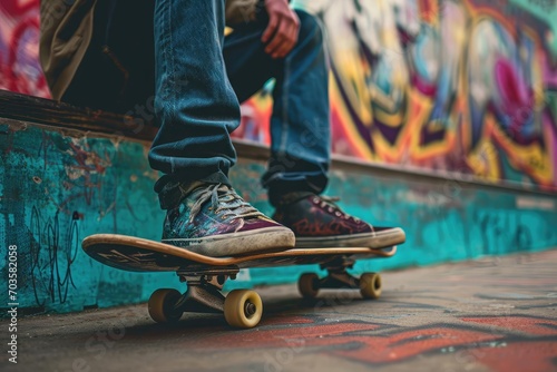 Retro 90s skateboard scene with vintage clothing and graffiti background photo