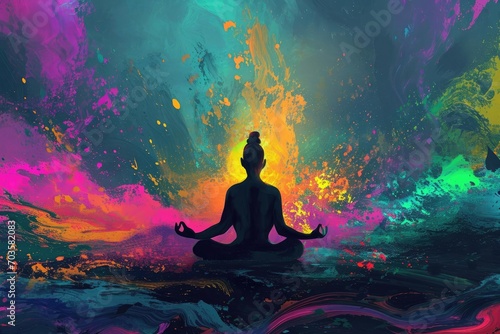 Tranquil meditation scene with a person in a lotus pose surrounded by psychedelic gradients and vibrant colors