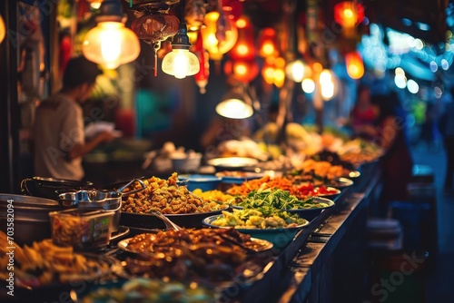 A bustling street food market Showcasing a variety of international cuisines and vibrant cultural experiences