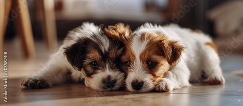 Two small puppies playfully wrestle on the floor. photo