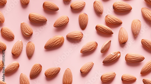 Almond nuts pattern on pink background. Flat lay, top view