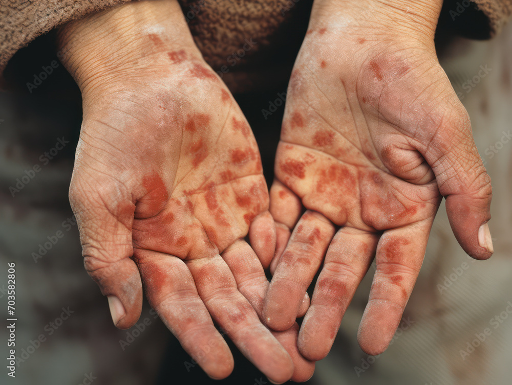 The hands have red rashes on their hands, they are affected by a skin
