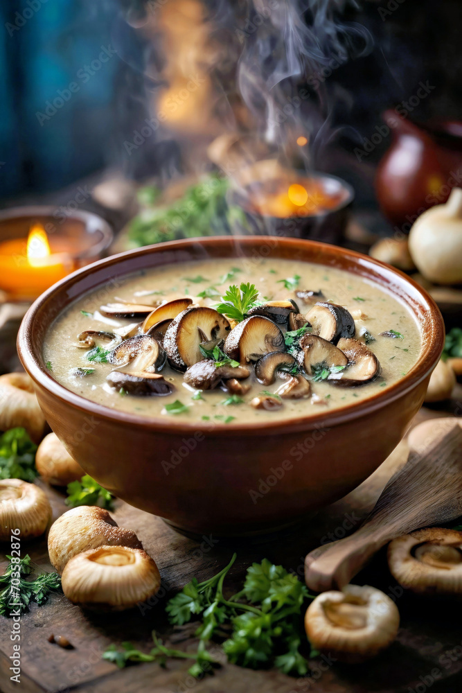 A Gastronomic Delight, Savory Mushroom and Parsley Soup With an Artistic Flair A Gastronomic Delight, Savory Mushroom and Parsley Soup With an Artistic Flair
