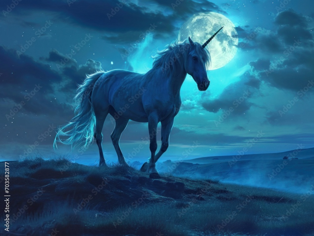 A solitary unicorn stands majestically under a full moon in a mystical nighttime landscape.