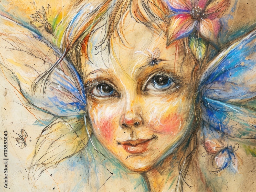 A whimsical illustration of a fairy child with a serene expression, surrounded by delicate flowers and butterflies, invoking a sense of innocence and enchantment.