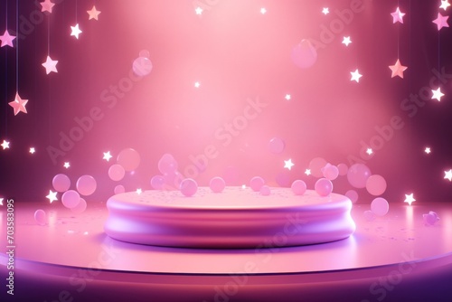 Abstract concept of a pink-hued stage with glowing lights and sparkling stars, creating an enchanting platform for events and performances. © Evarelle