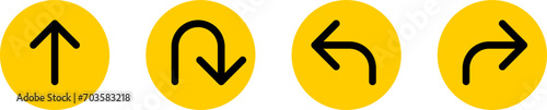 Go Straight This Way One Way Only U Turn Left and Right Black and Yellow Arrow Round Circle Traffic Sign Direction Icon Set. Vector Image.