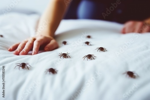 Fototapeta bedbugs on white sheet, woman lifted the bedspread