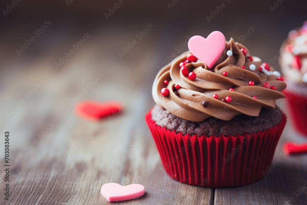 Delicious and appetizing cupcake for Valentine's Day on a blurred background, vintage photo effect - obrazy, fototapety, plakaty 