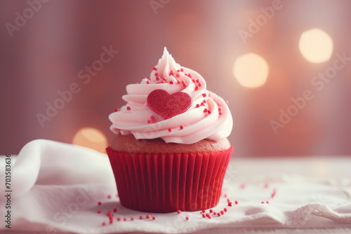 Delicious and appetizing cupcake for Valentine's Day on a blurred background, vintage photo effect