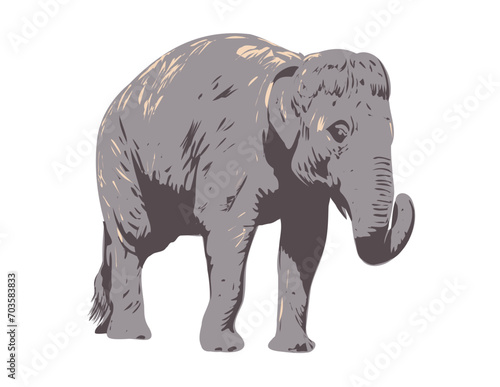 Art Deco or WPA poster of an Indian elephant viewed from side on isolated white background done in works project administration style. 