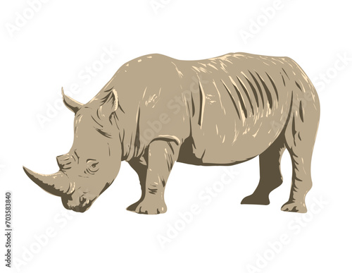 Art Deco or WPA poster of a rhino or white rhinoceros in Kruger National Park located in Limpopo and Mpumalanga in northeastern South Africa done in works project administration style.
