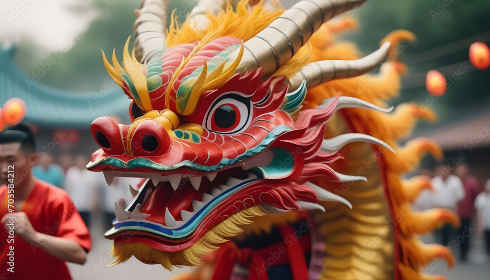 Close up of Chinese Dragon Head performing its traditional dragon dance festival. Chinese New Year celebration 2024 created with generative ai