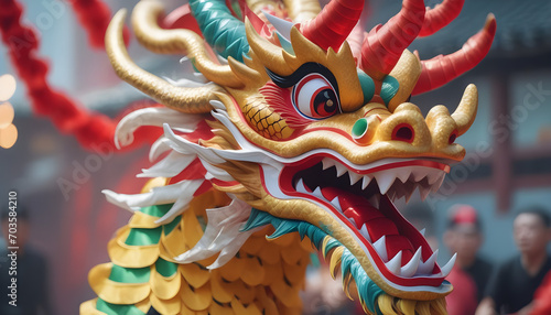 Close up of Chinese Dragon Head performing its traditional dragon dance festival. Chinese New Year celebration 2024 created with generative ai © Chaudhry