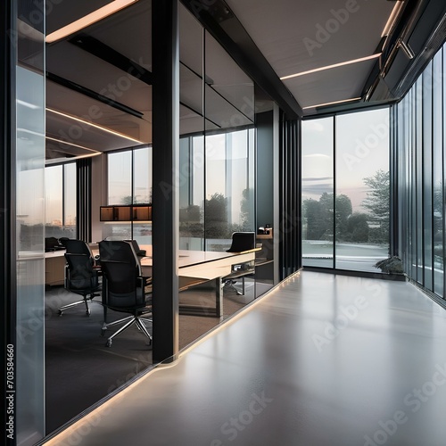 A sleek and futuristic office space with glass walls and modern furniture2
