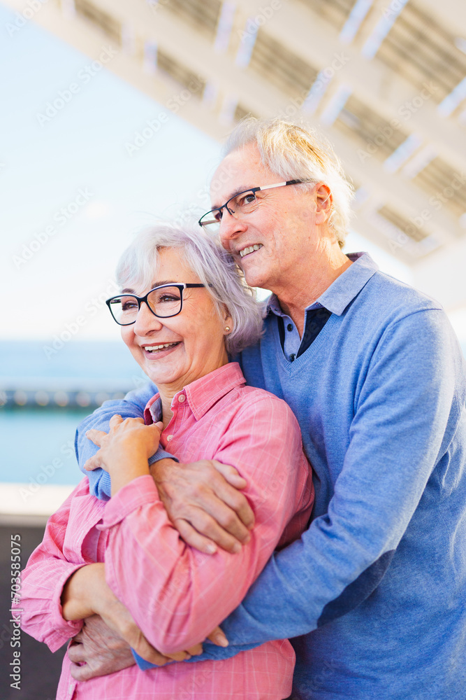 Vertical close-up portrait of a mature couple embracing and smiling under the sun in the city