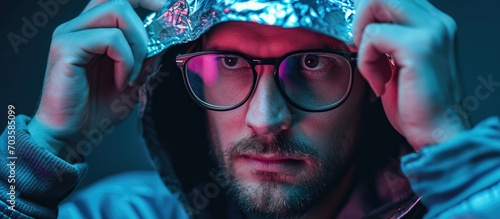 Man wearing a tin foil hat for 5G tower radiation protection due to irrational fear, emotional and attractive with glasses. photo