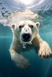 Close-up polar bear under water, adaptability of Arctic wildlife. World Polar Bear Day, warming Arctic, action to combat climate change, which directly affects bears' habitat